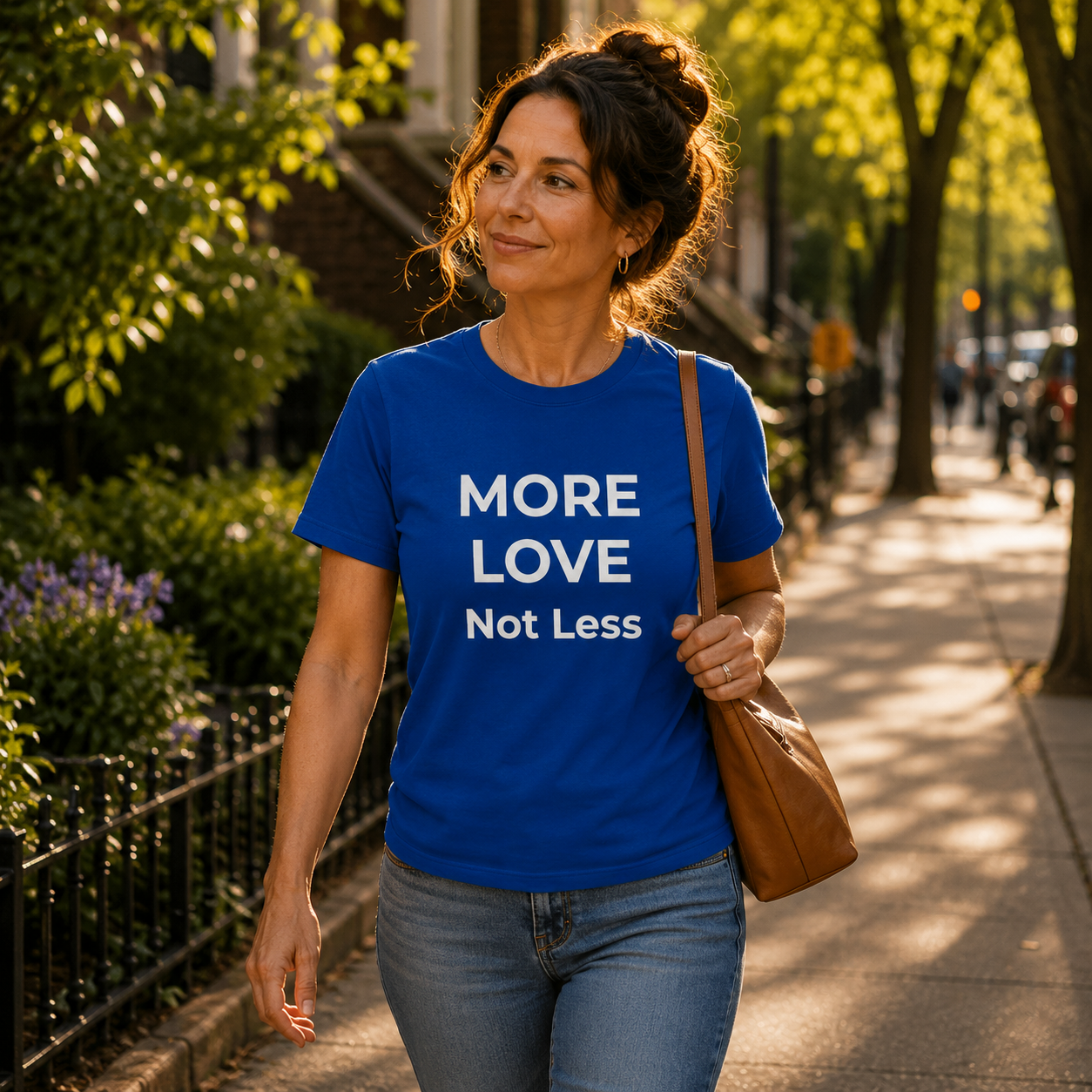 Woman walking on a sidewalk wearing a blue t-shirt with 'MORE LOVE Not Less' text.