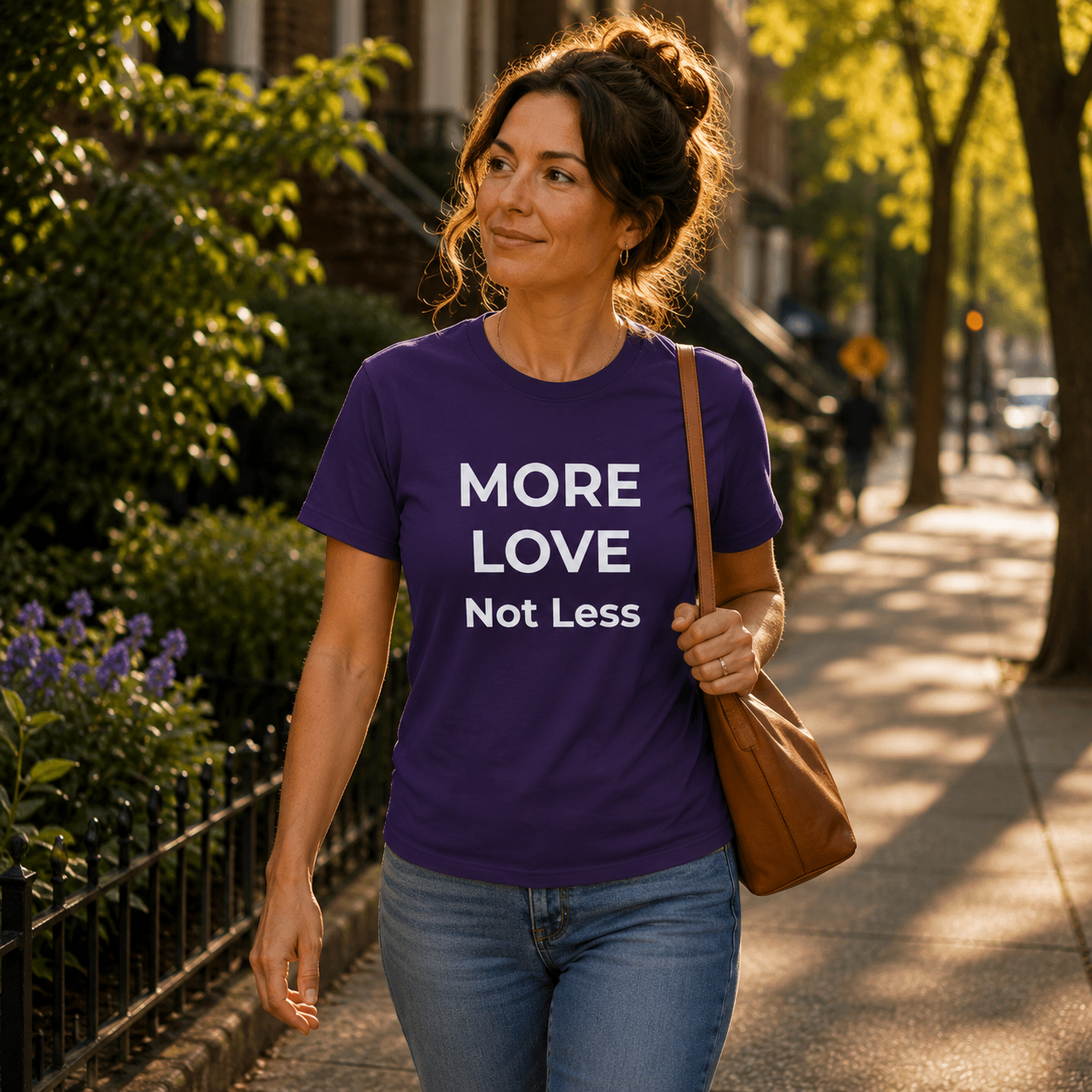 Woman walking on a sidewalk wearing a purple t-shirt with 'MORE LOVE Not Less' text.