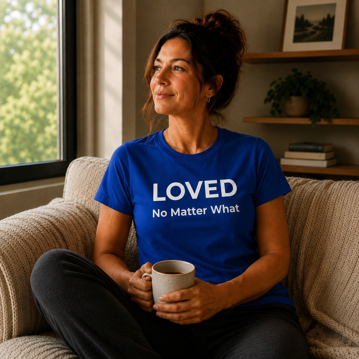 Woman wearing a blue t-shirt with 'LOVED No Matter What' text, holding a mug, sitting on a couch.