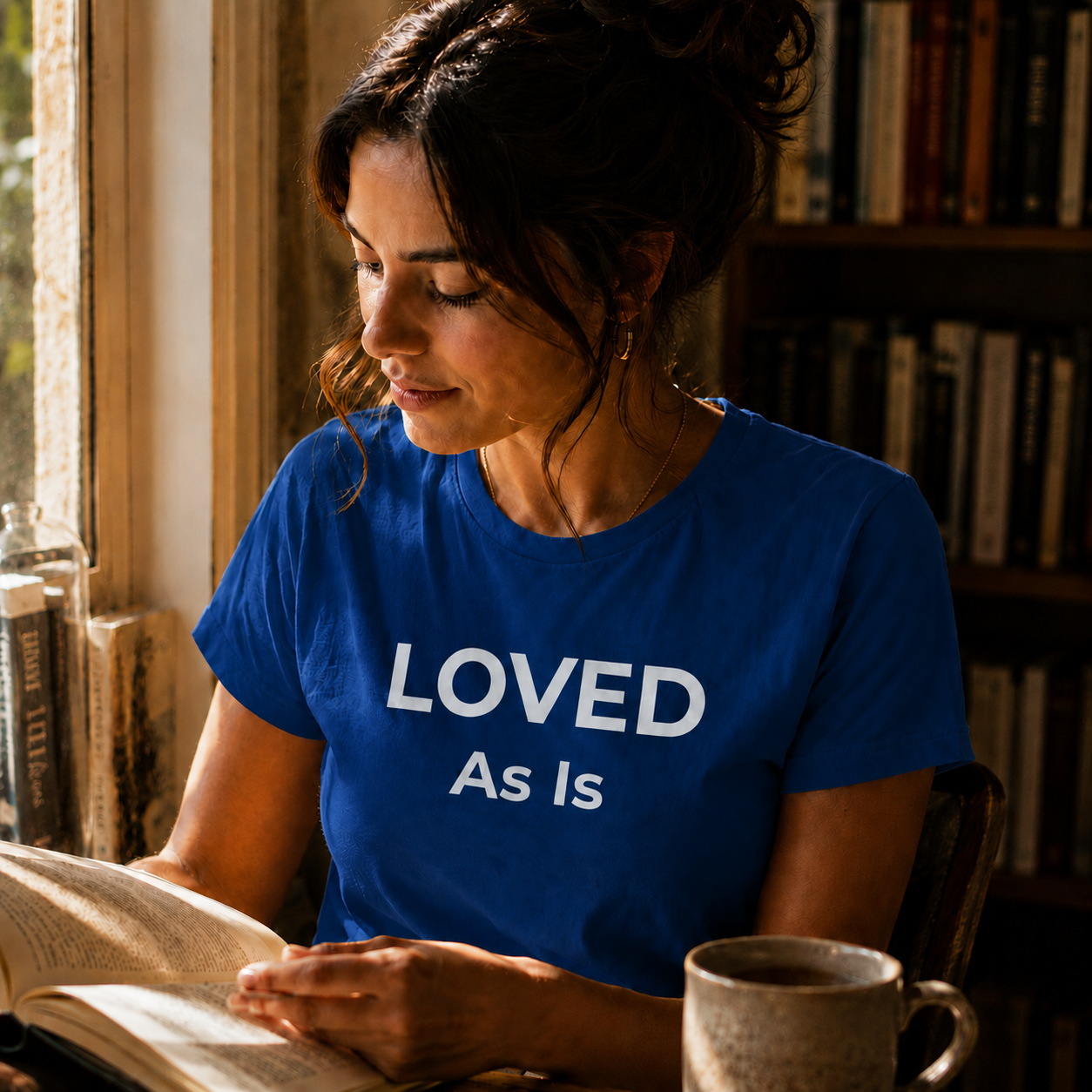 Woman wearing a blue t-shirt with 'LOVED AS IS' text, reading a book in a cozy room.