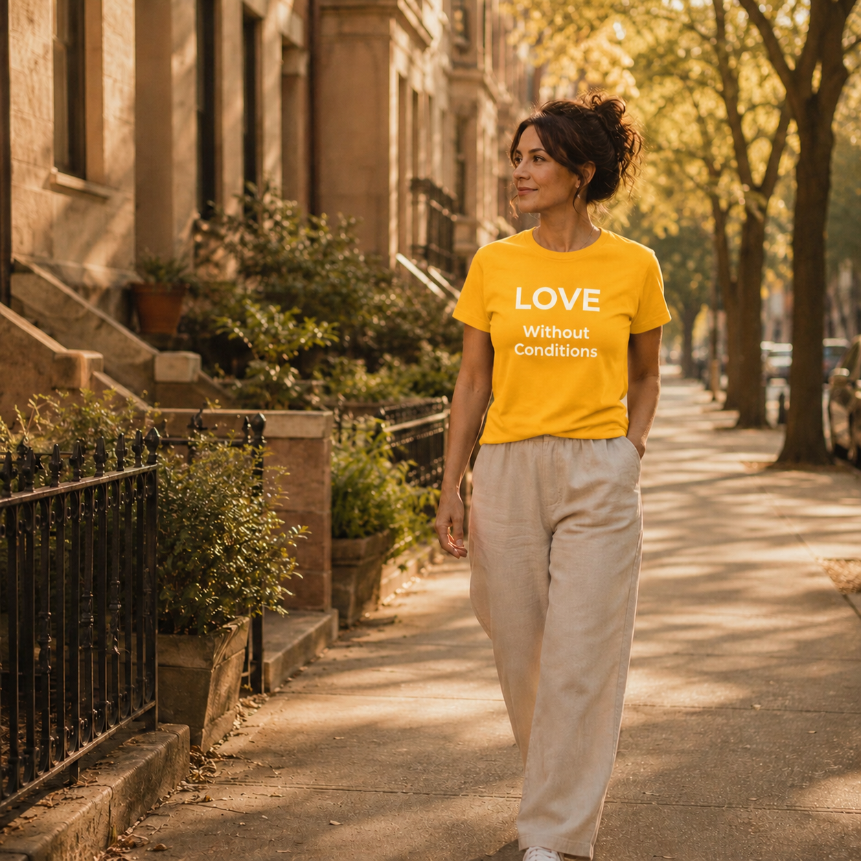 Person wearing a yellow 'LOVE Without Conditions' t-shirt walking on a sunlit street.