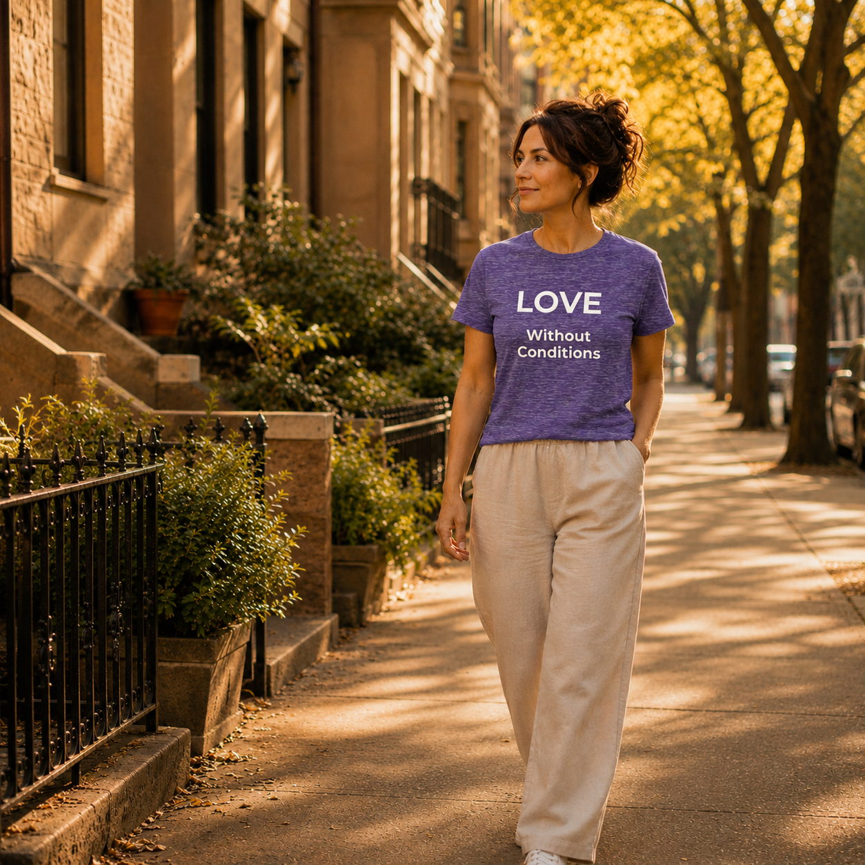 Woman walking on a sidewalk wearing a heather purple t-shirt with 'LOVE Without Conditions' text.