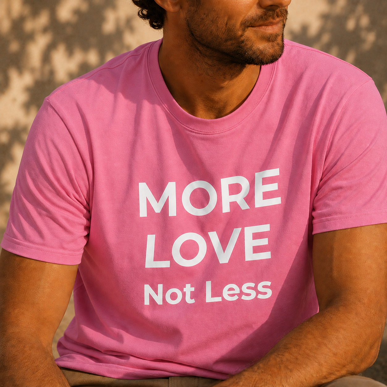 Person wearing a pink t-shirt with 'MORE LOVE Not Less' text.