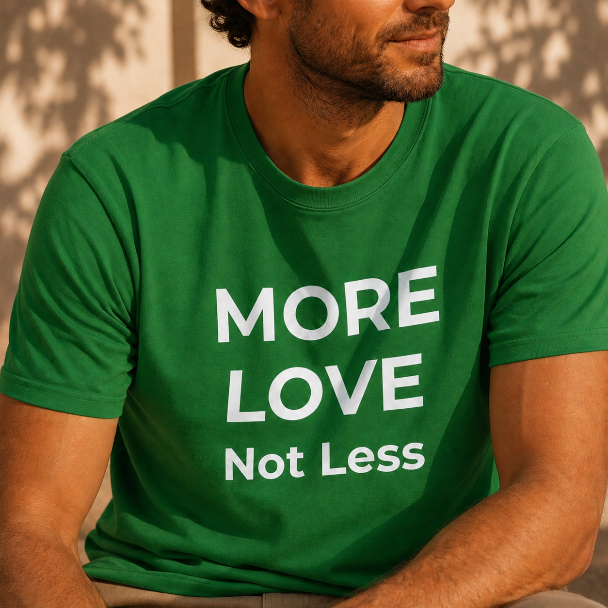 Person wearing a green t-shirt with 'MORE LOVE Not Less' text.