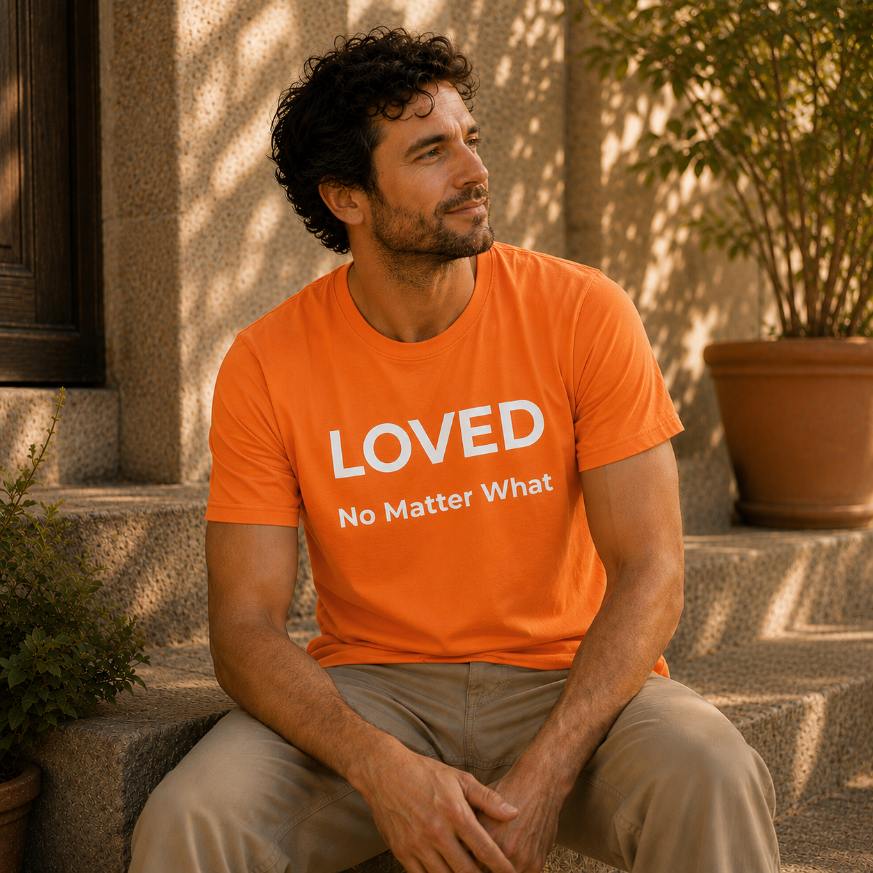Man wearing an orange t-shirt with 'LOVED No Matter What' text, sitting outdoors.