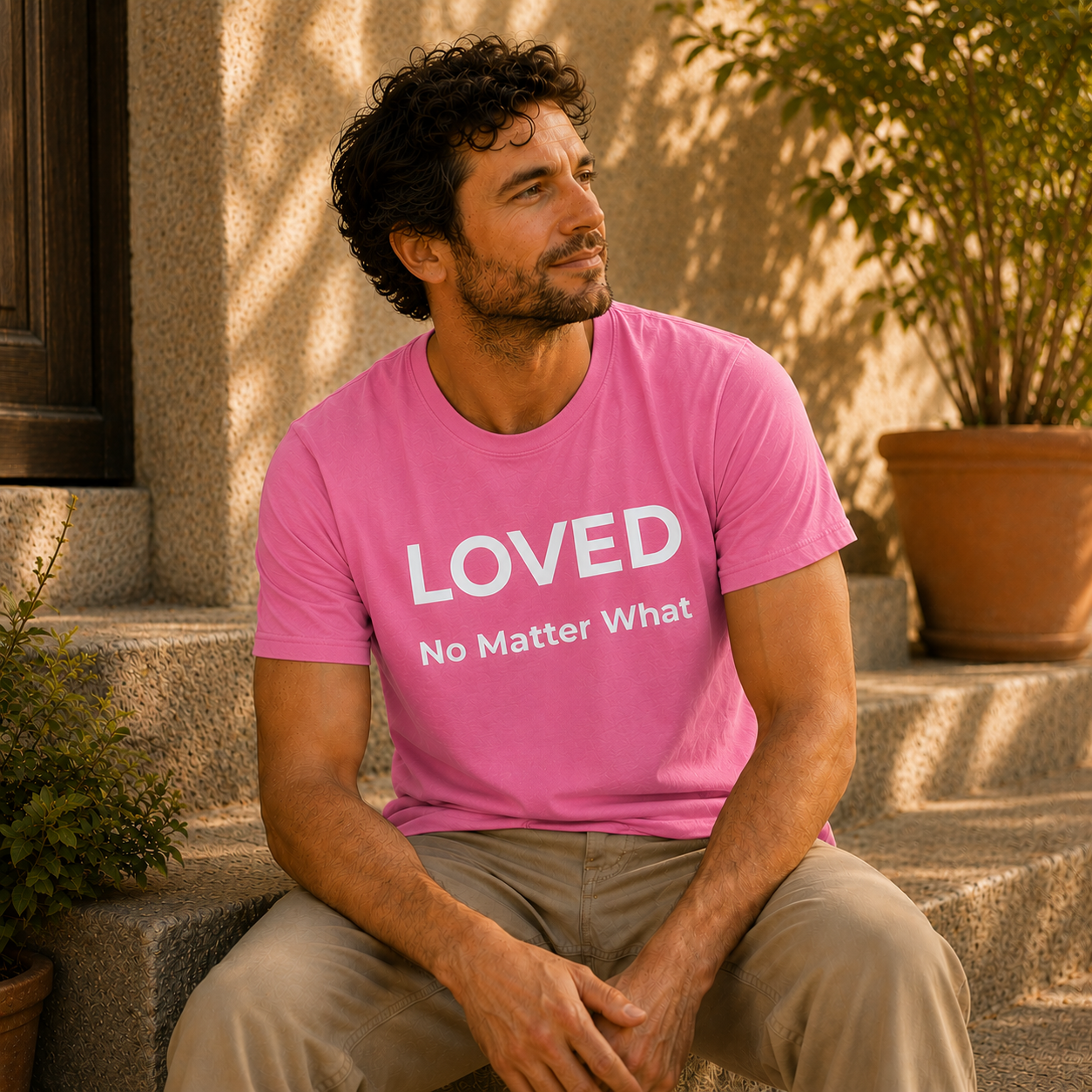 Man wearing a pink t-shirt with 'LOVED No Matter What' text, sitting outdoors.