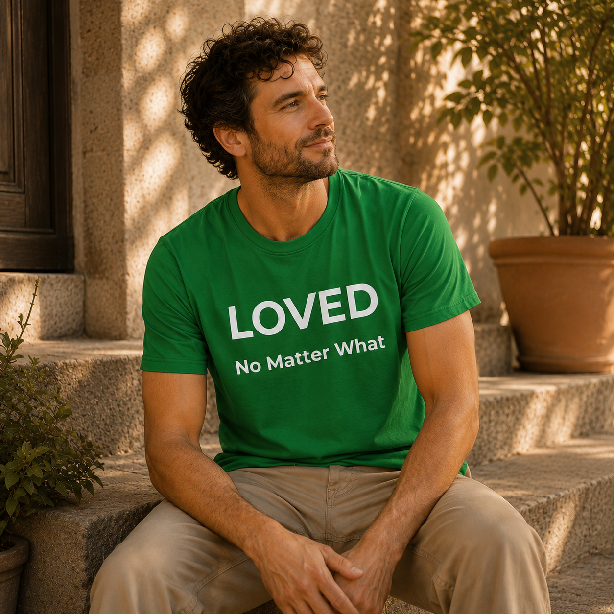 Man wearing a green t-shirt with 'LOVED No Matter What' text, sitting outdoors.