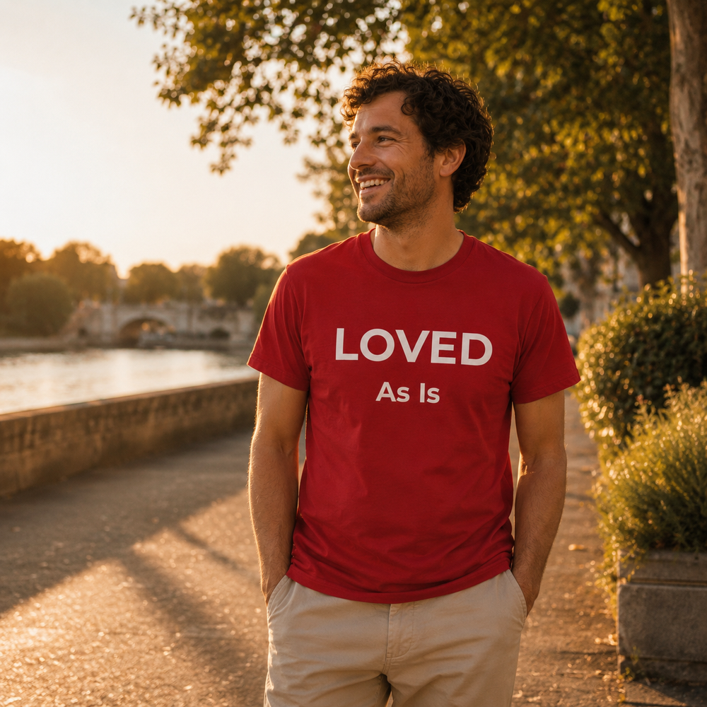 Man wearing a red t-shirt with 'LOVED As Is' text, standing outdoors near a body of water.
