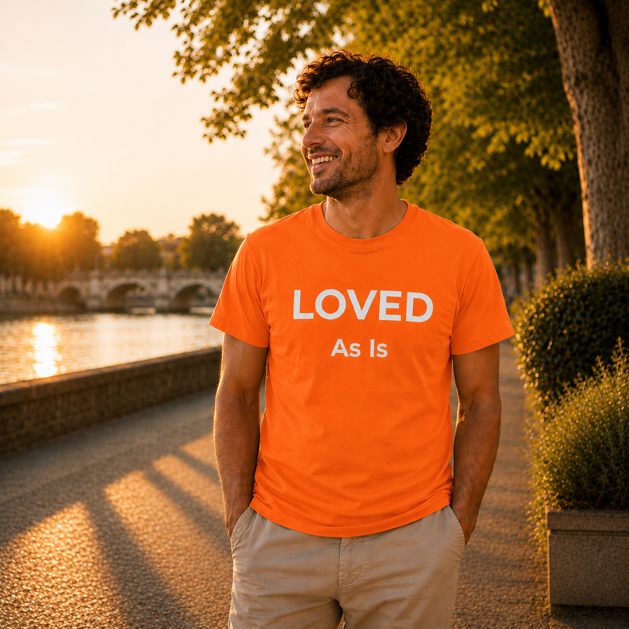 Man wearing an orange t-shirt with 'LOVED As Is' text, standing outdoors near a body of water with trees.