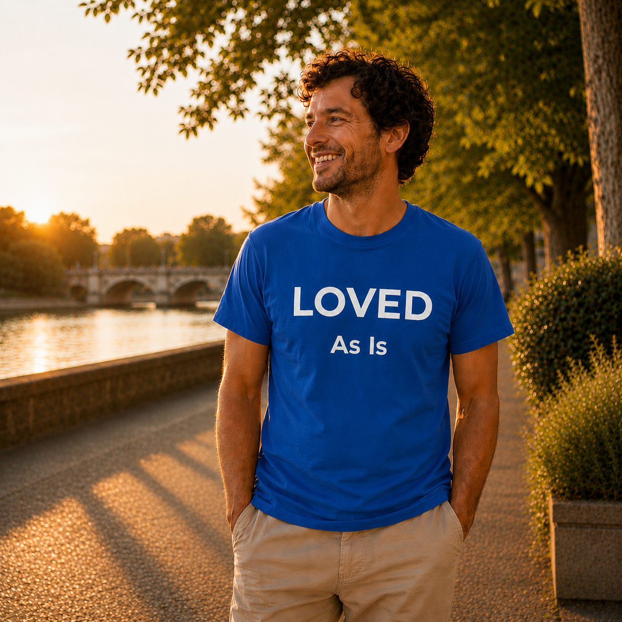 Man wearing a blue t-shirt with 'LOVED As Is' text, standing outdoors near a body of water with trees and a bridge in the background.