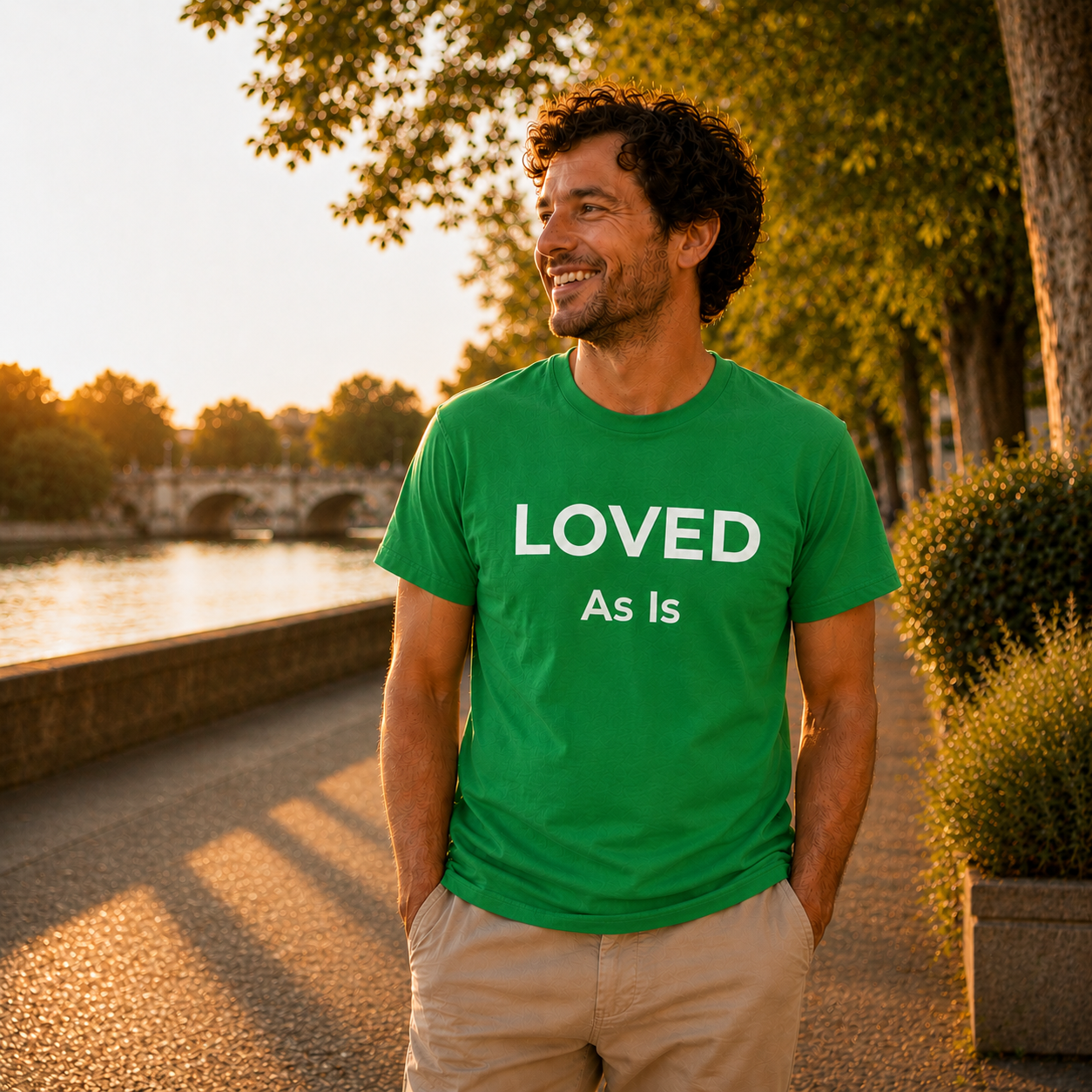 Man wearing a green t-shirt with 'LOVED As Is' text, standing outdoors by a river.