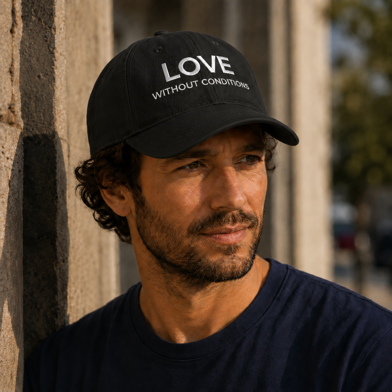 Man wearing a black cap with 'LOVE WITHOUT CONDITIONS' text, standing against a stone wall.