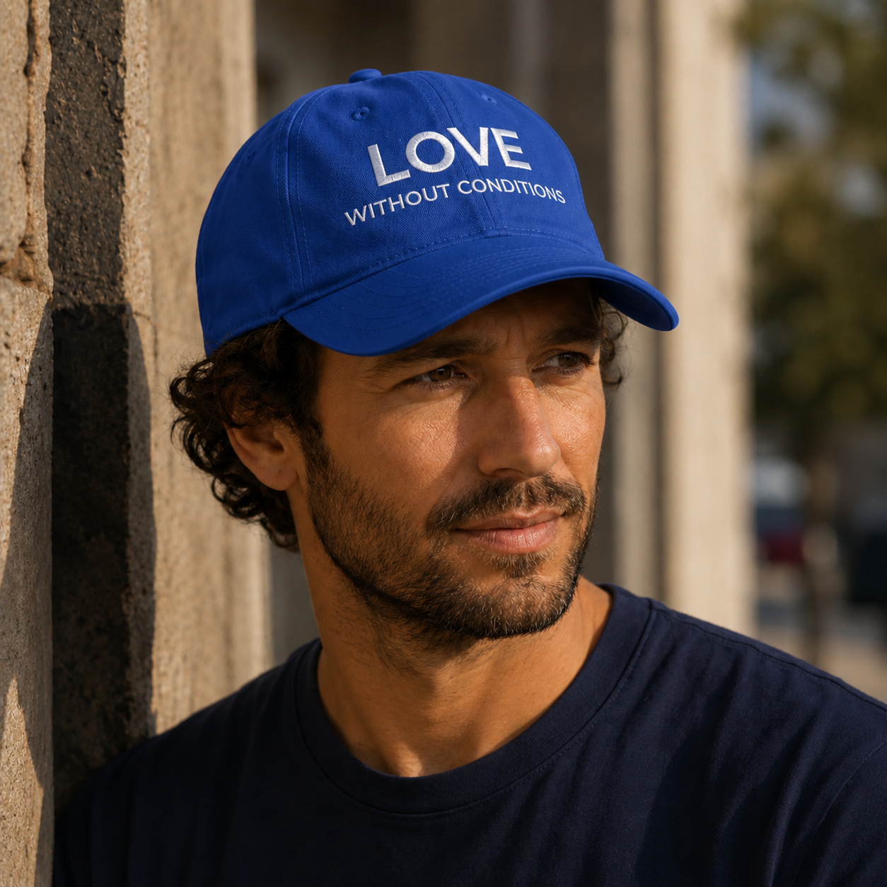 Man wearing a blue cap with 'LOVE WITHOUT CONDITIONS' text, leaning against a wall.