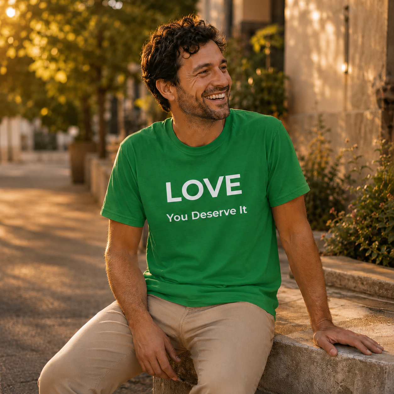 Man wearing a green t-shirt with 'LOVE You Deserve It' text, sitting outdoors.