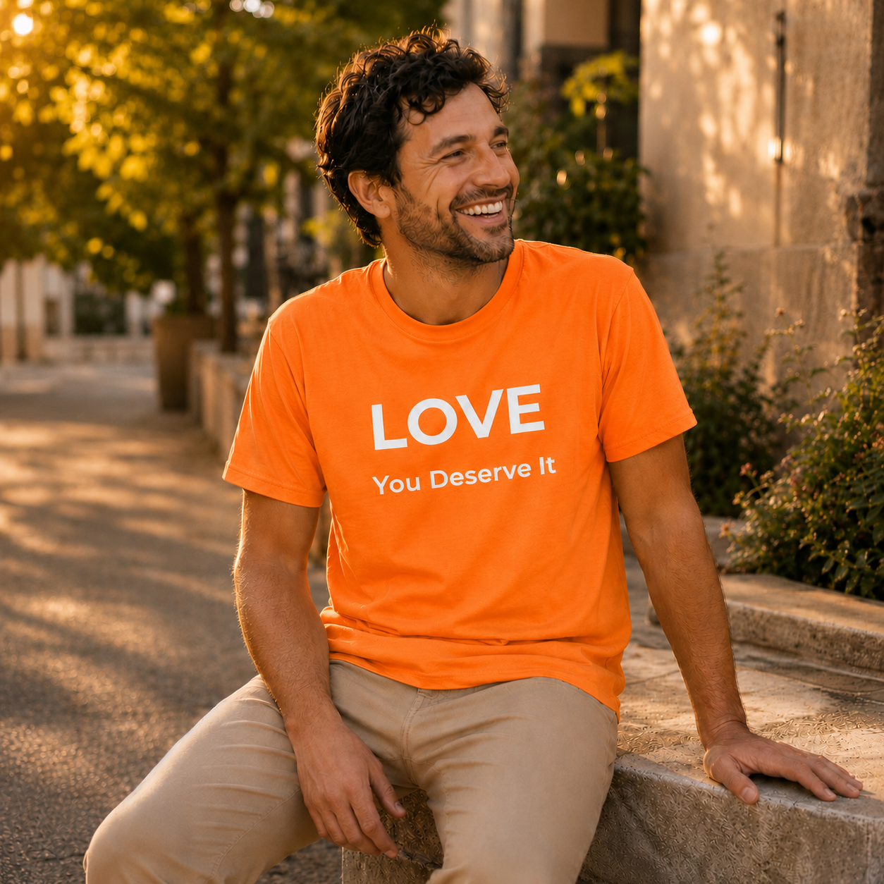 Man wearing an orange t-shirt with 'LOVE You Deserve It' text, sitting outdoors.