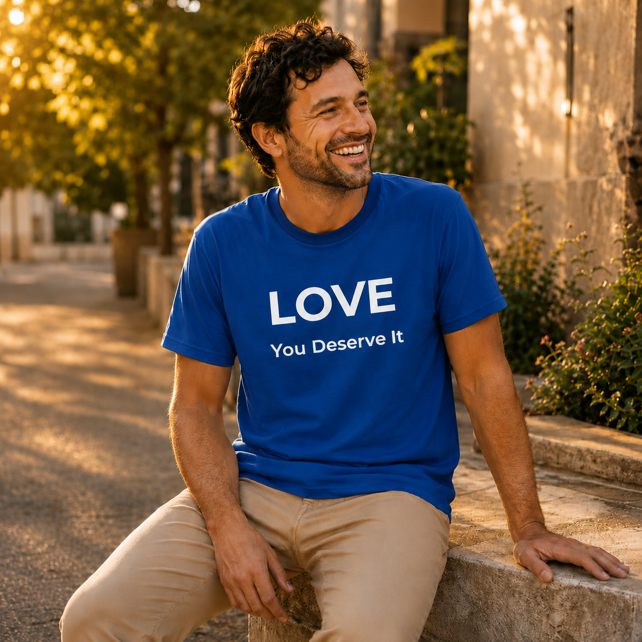 Man wearing a blue t-shirt with 'LOVE You Deserve It' text, sitting outdoors.