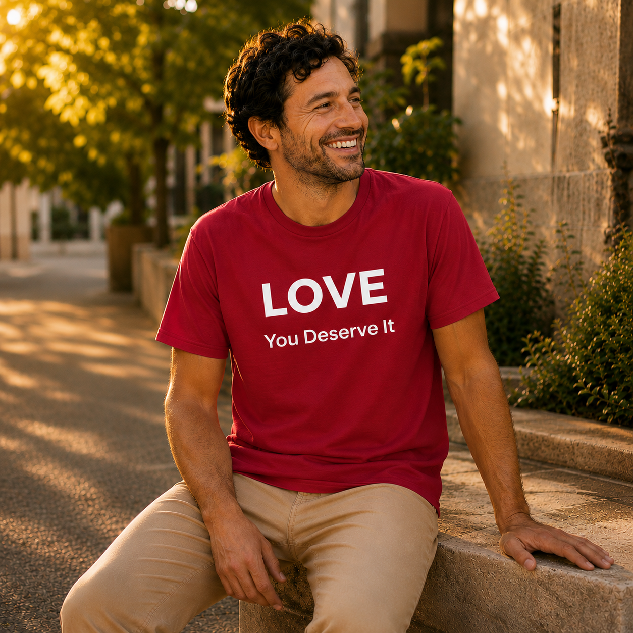 Man wearing a red t-shirt with 'LOVE You Deserve It' text, sitting outdoors.