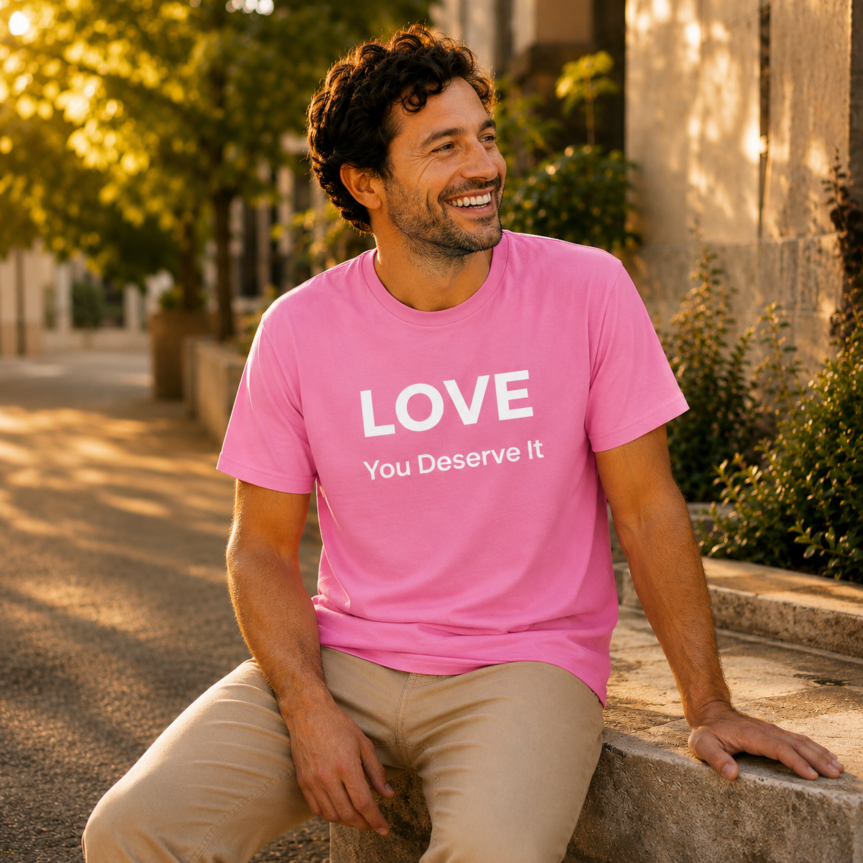 Man wearing a pink t-shirt with 'LOVE You Deserve It' text, sitting outdoors.