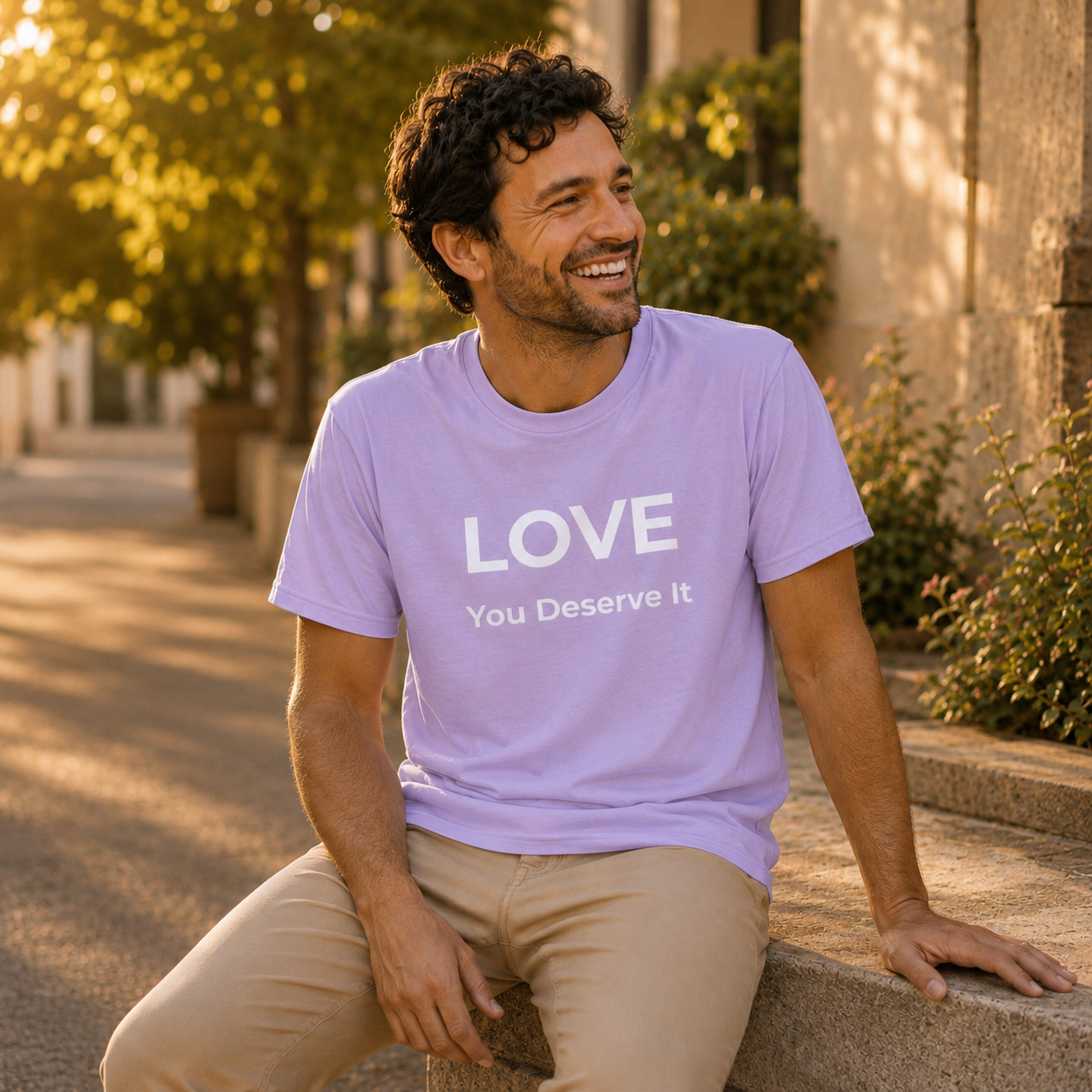 Man wearing a light purple t-shirt with 'LOVE You Deserve it' text, sitting outdoors.