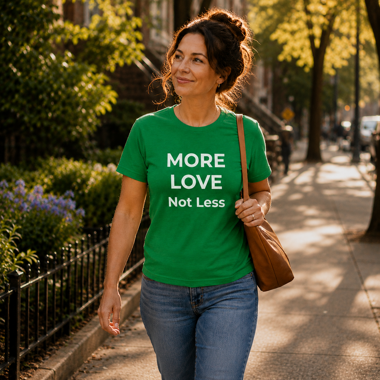 Woman walking on a sidewalk wearing a green t-shirt with 'More Love Not Less' text.