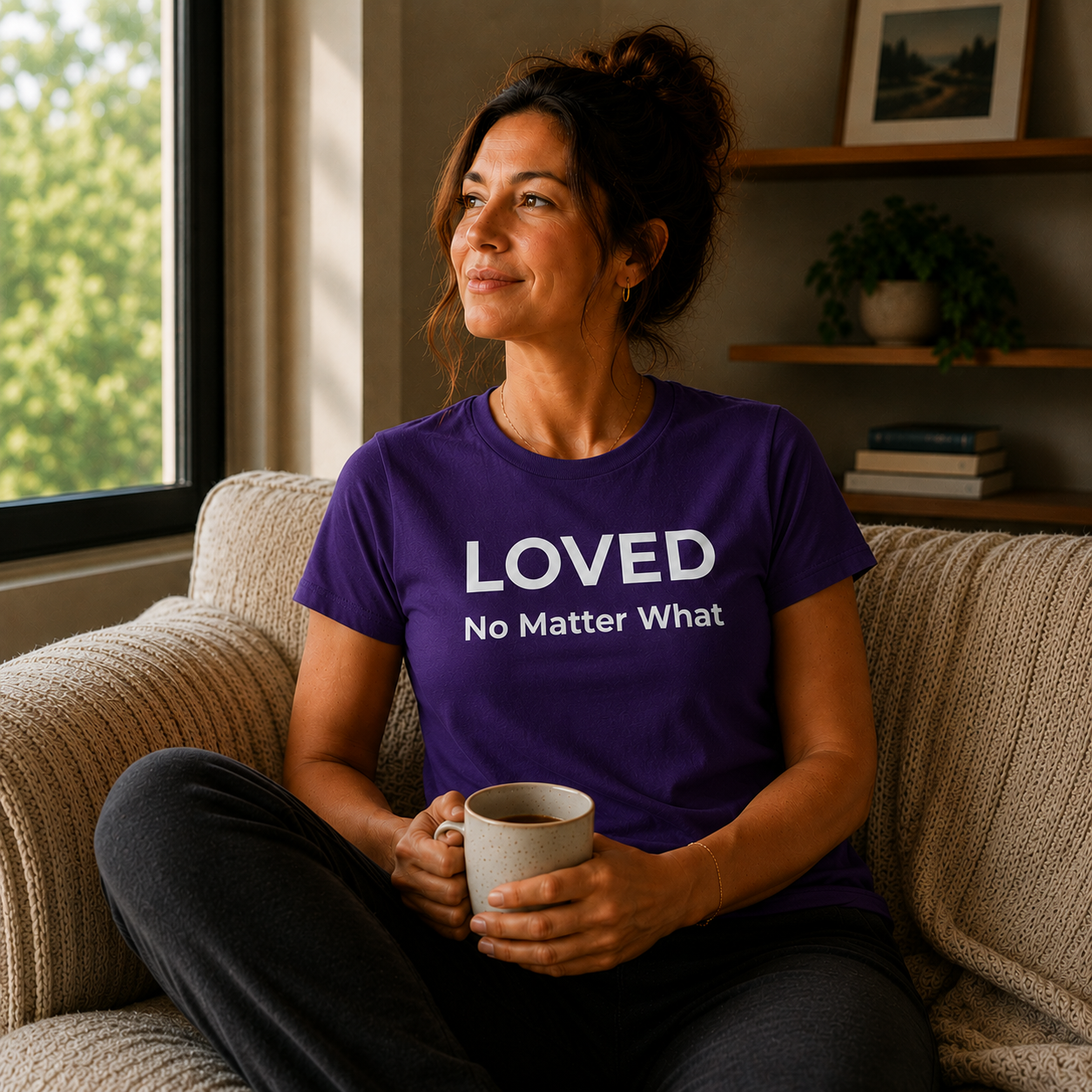 Woman sitting on a couch holding a mug, wearing a purple t-shirt with 'LOVED No Matter What' text.