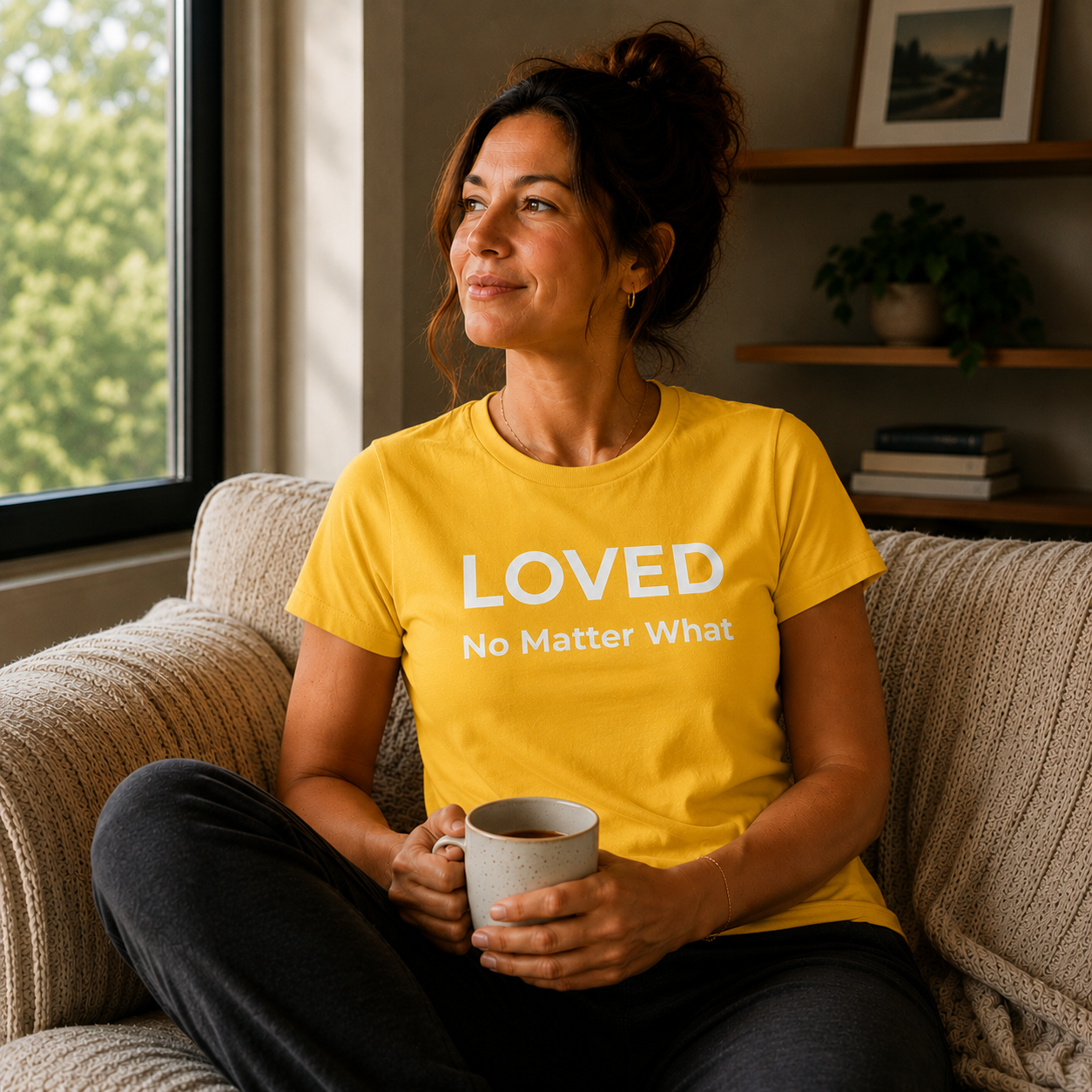 Woman wearing a yellow t-shirt with motivational text, sitting on a couch holding a mug.