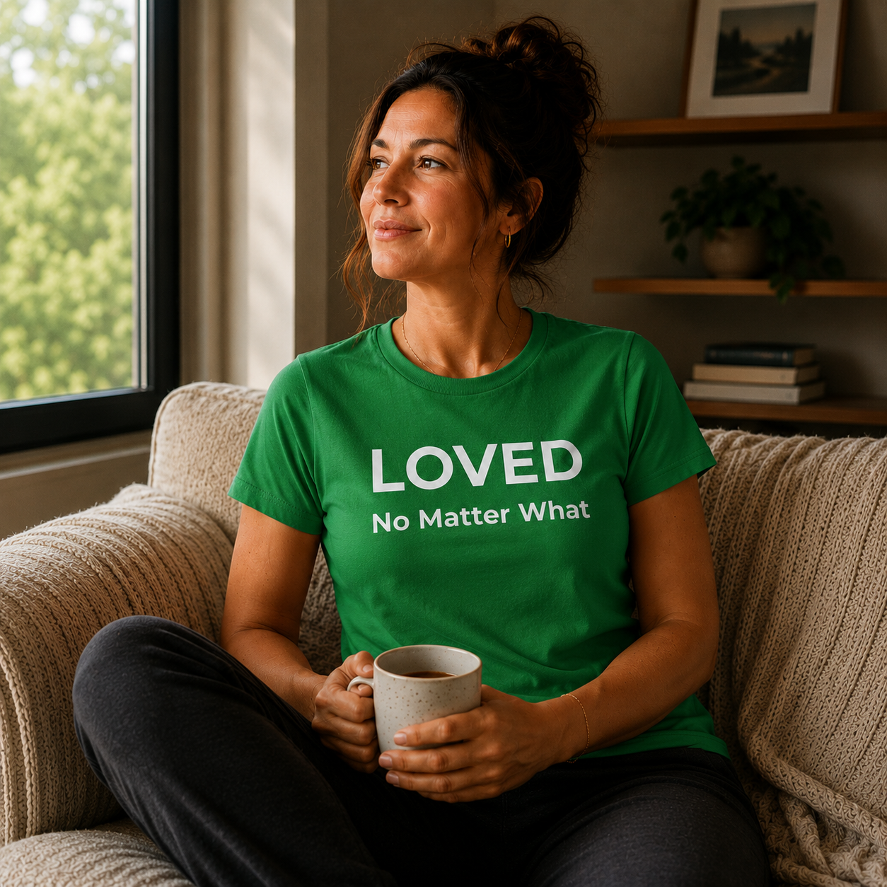 Woman wearing a green t-shirt with 'LOVED No Matter What' text, sitting on a couch holding a mug.