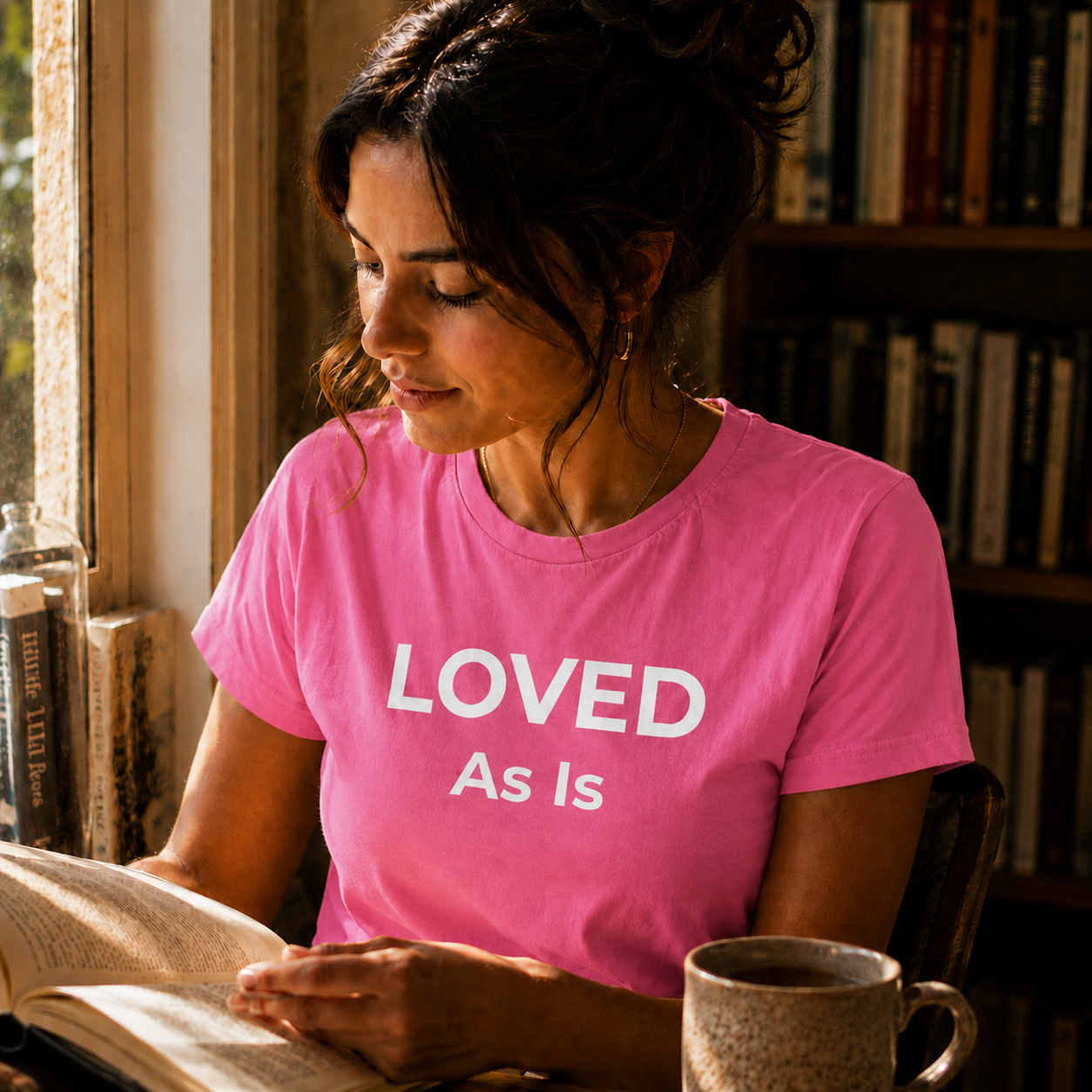 Woman in a pink 'LOVED As Is' shirt reading a book in a cozy room with books.
