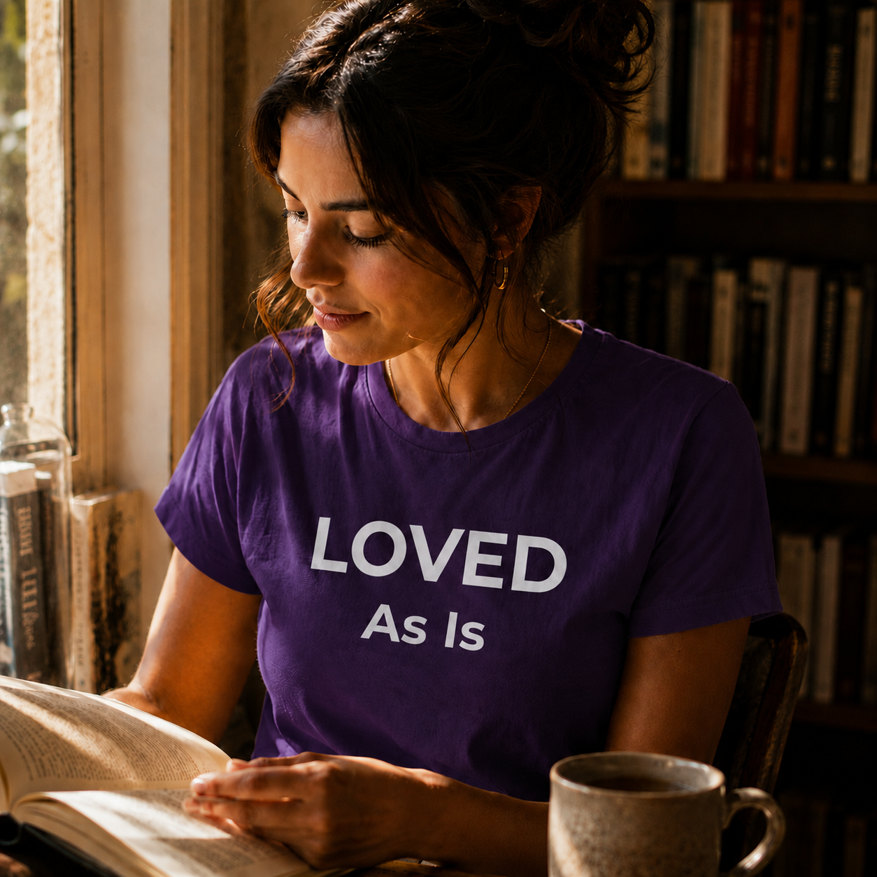 Woman wearing a purple shirt with 'LOVED AS IS' text, reading a book in a cozy room.