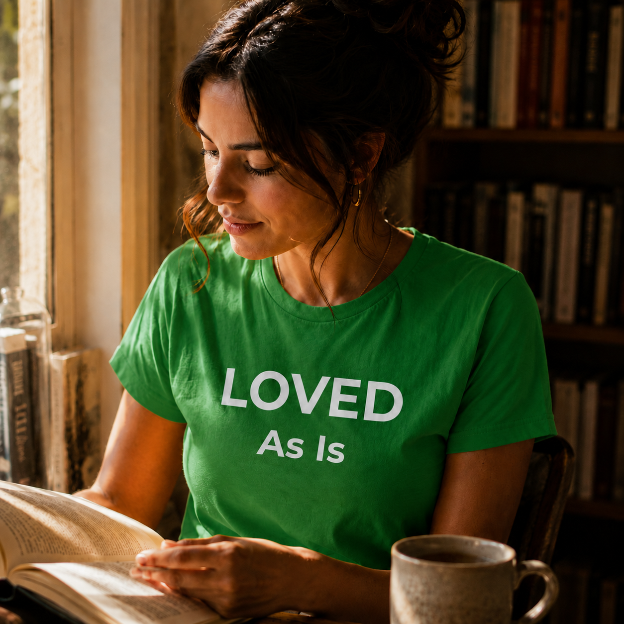 Woman wearing a green t-shirt with 'LOVED As Is' text, reading a book in a cozy room.