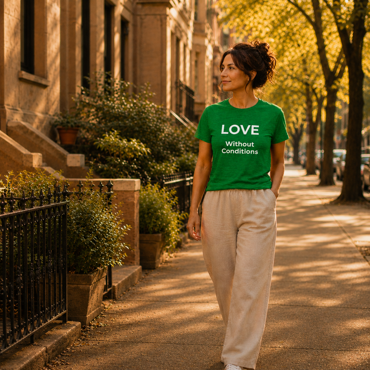 Woman wearing a green t-shirt with 'LOVE Without Conditions' on a street.