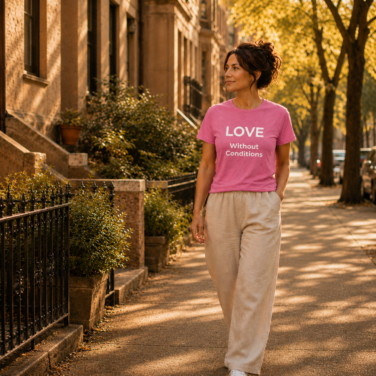 Woman wearing a pink 'LOVE Without Conditions' t-shirt walking down a sunlit street.