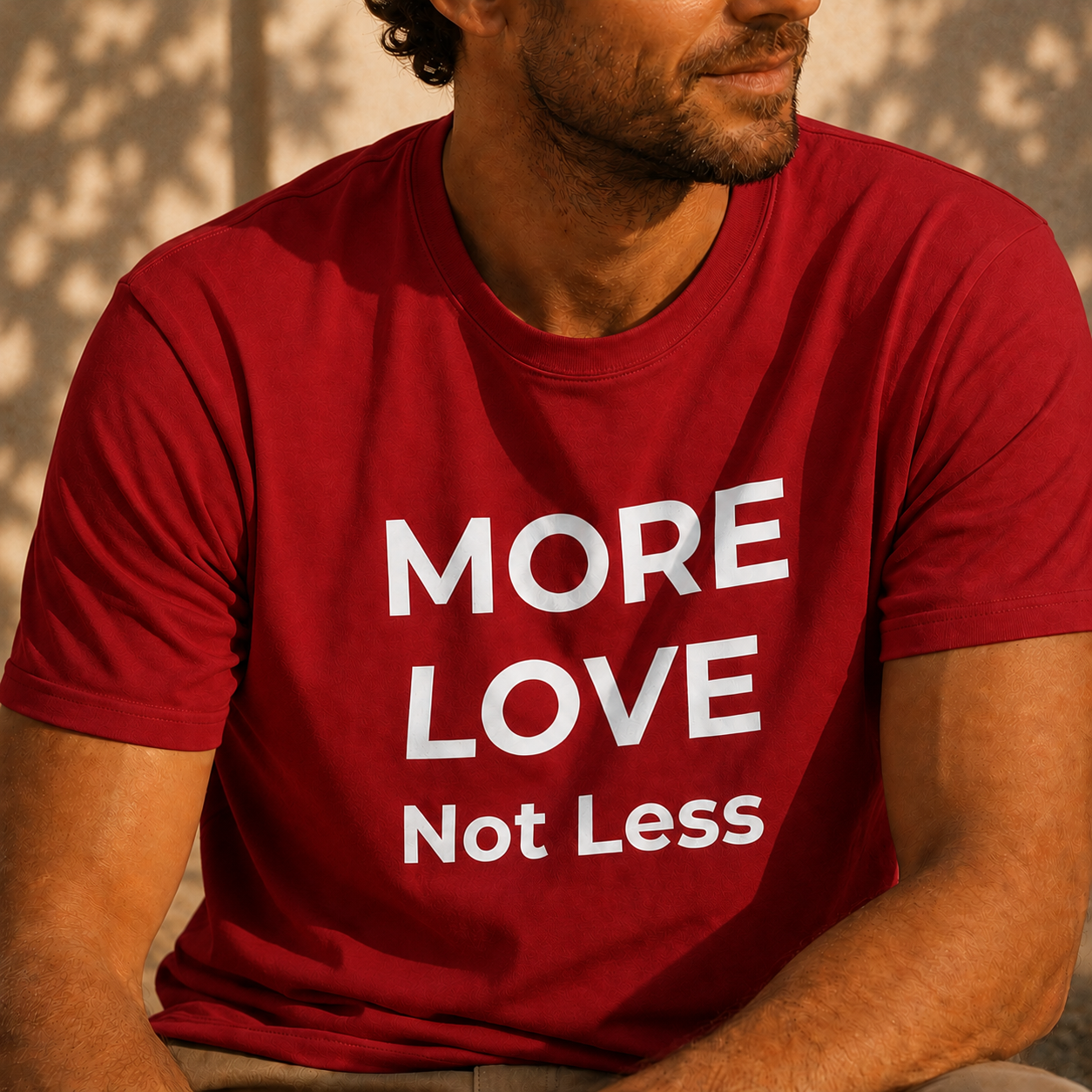 Person wearing a red t-shirt with 'MORE LOVE Not Less' text.