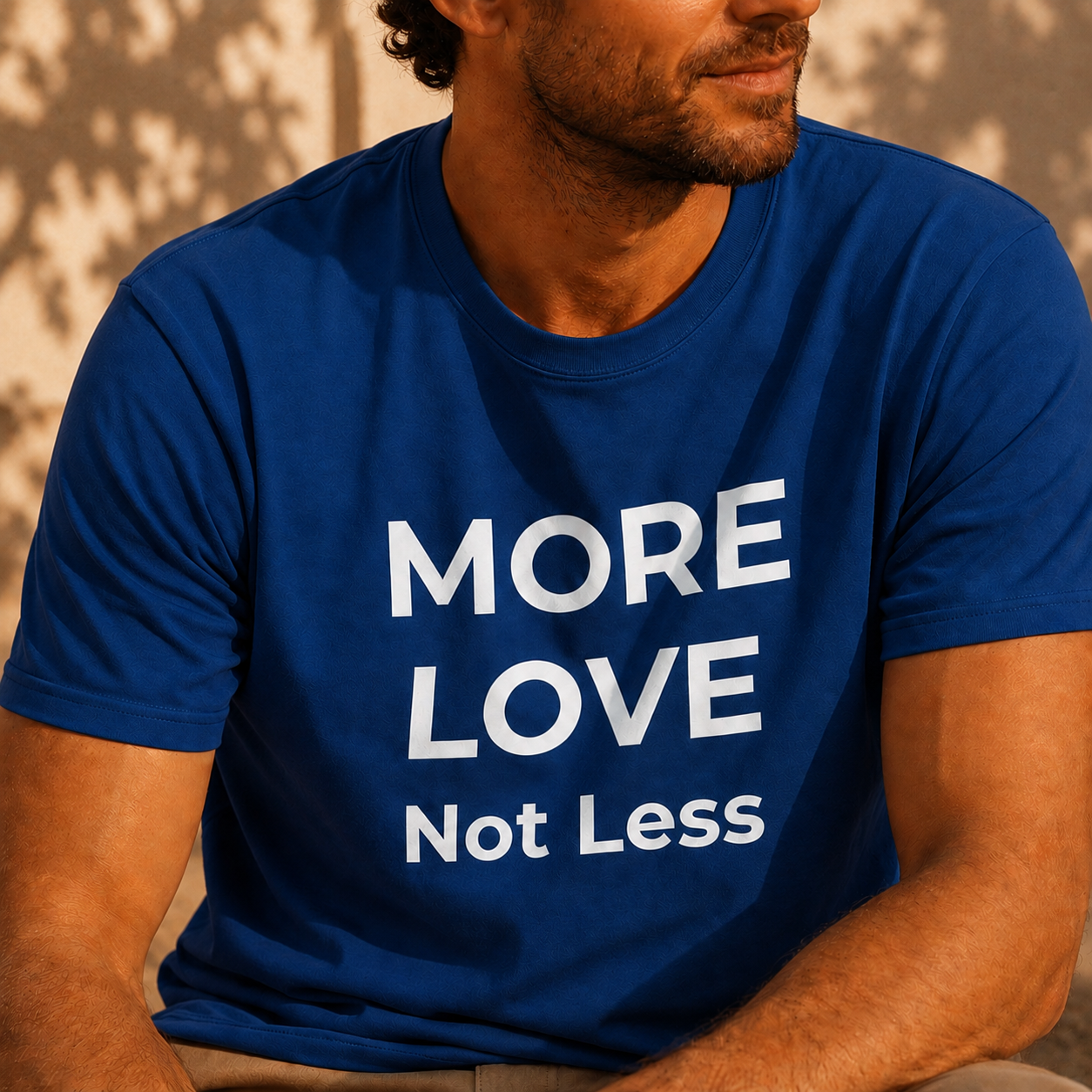 Person wearing a blue t-shirt with 'MORE LOVE Not Less' text.