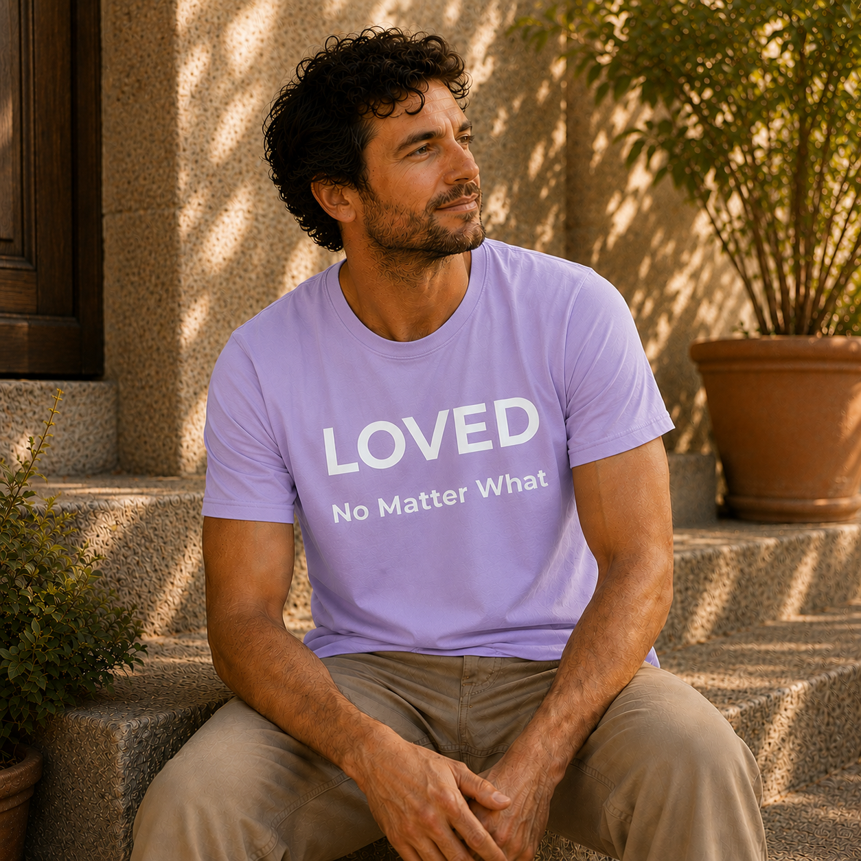 Man wearing a light purple t-shirt with 'LOVED No Matter What' text, sitting outdoors.