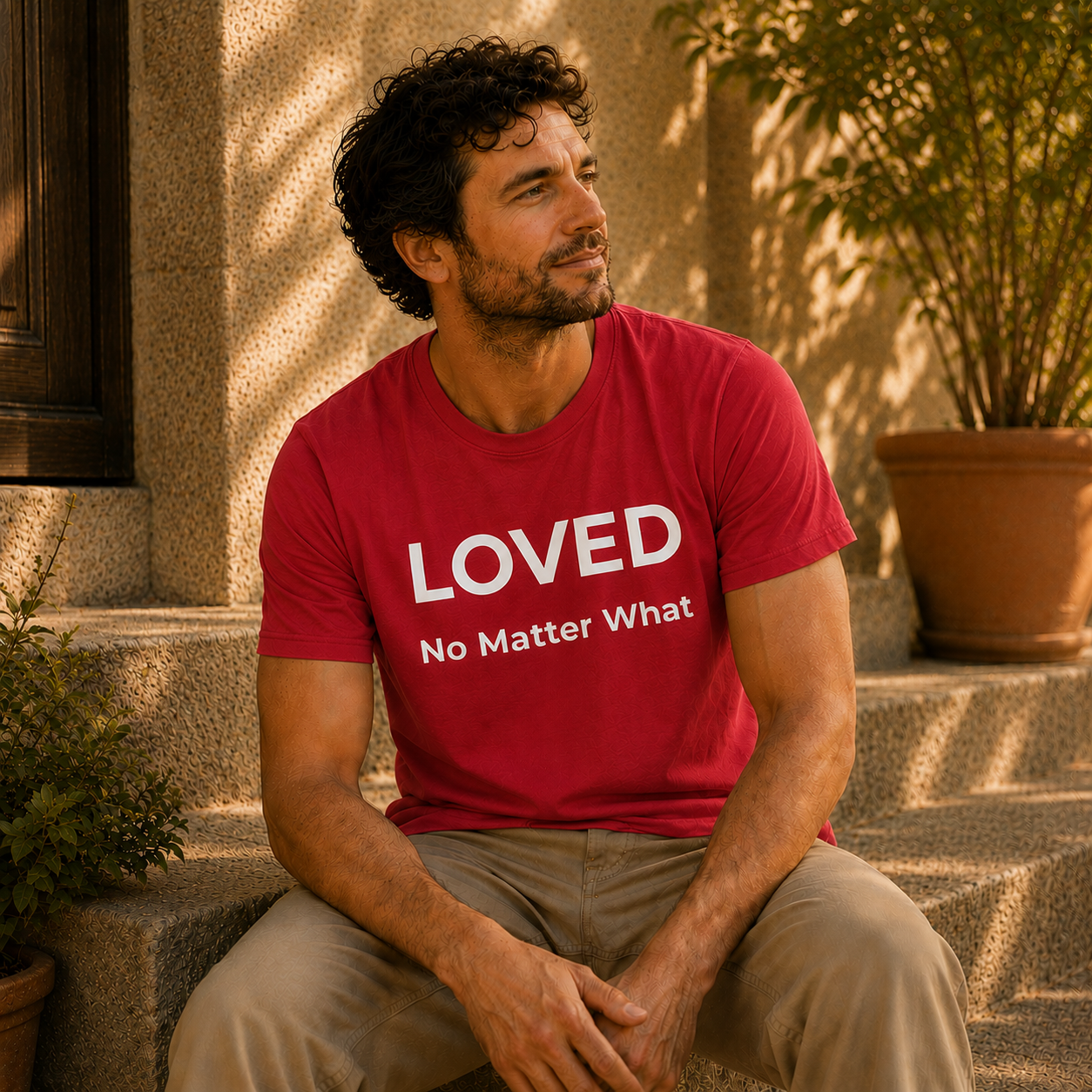 Man wearing a red t-shirt with 'LOVED No Matter What' text, sitting outdoors.