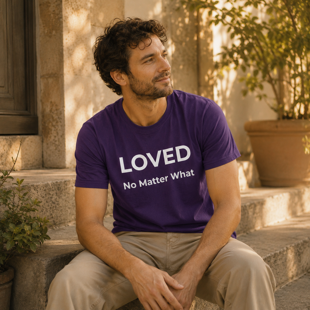 Man wearing a purple t-shirt with 'LOVED No Matter What' text, sitting outdoors.