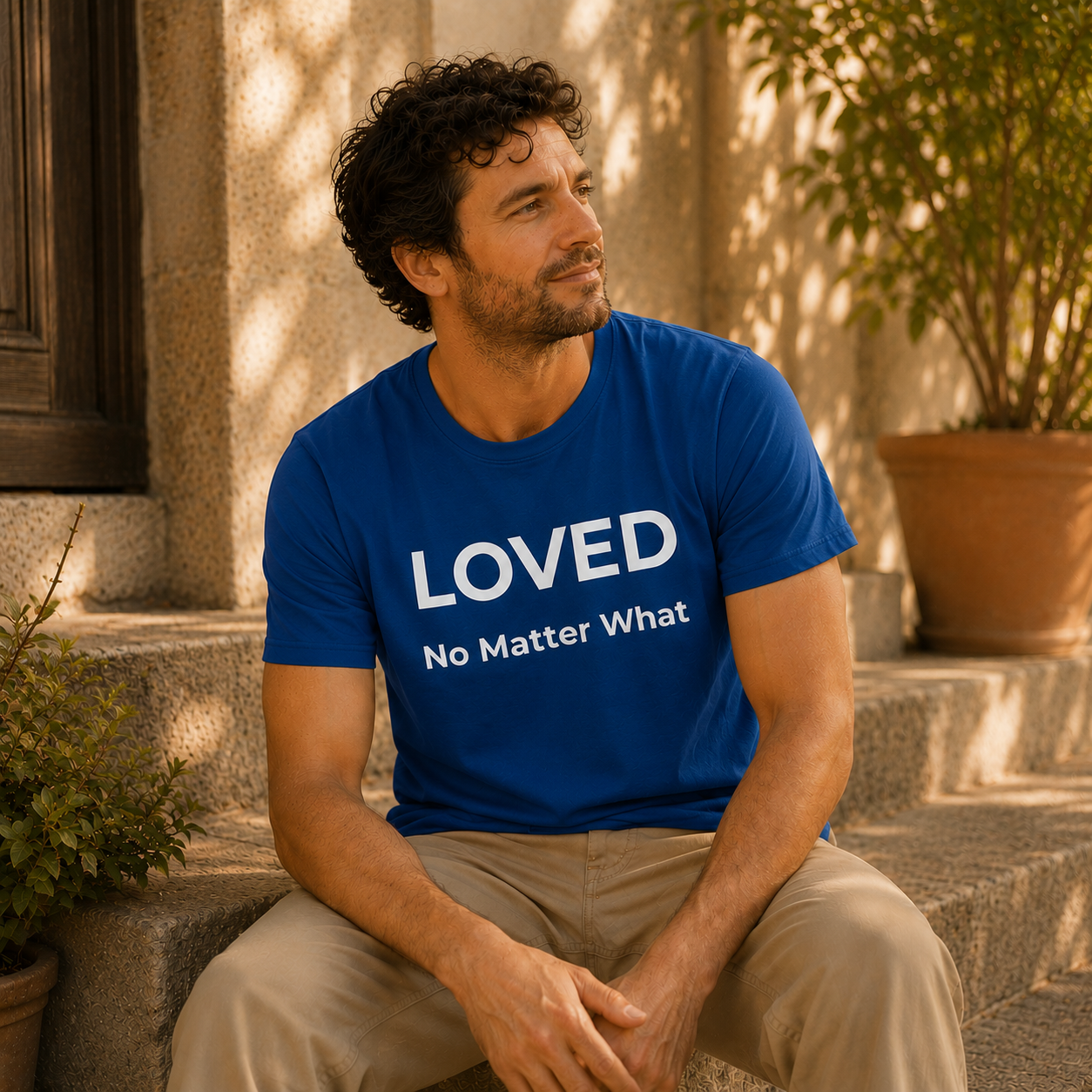 Man wearing a blue t-shirt with 'LOVED No Matter What' text, sitting outdoors.