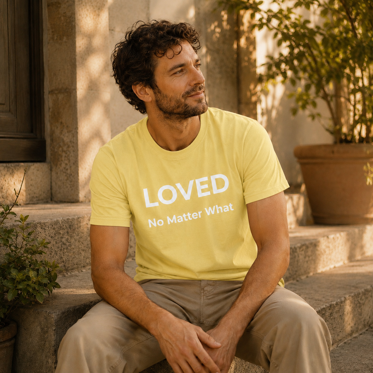 Man wearing a cornsilk yellow t-shirt with 'LOVED No Matter What' text, sitting outdoors.