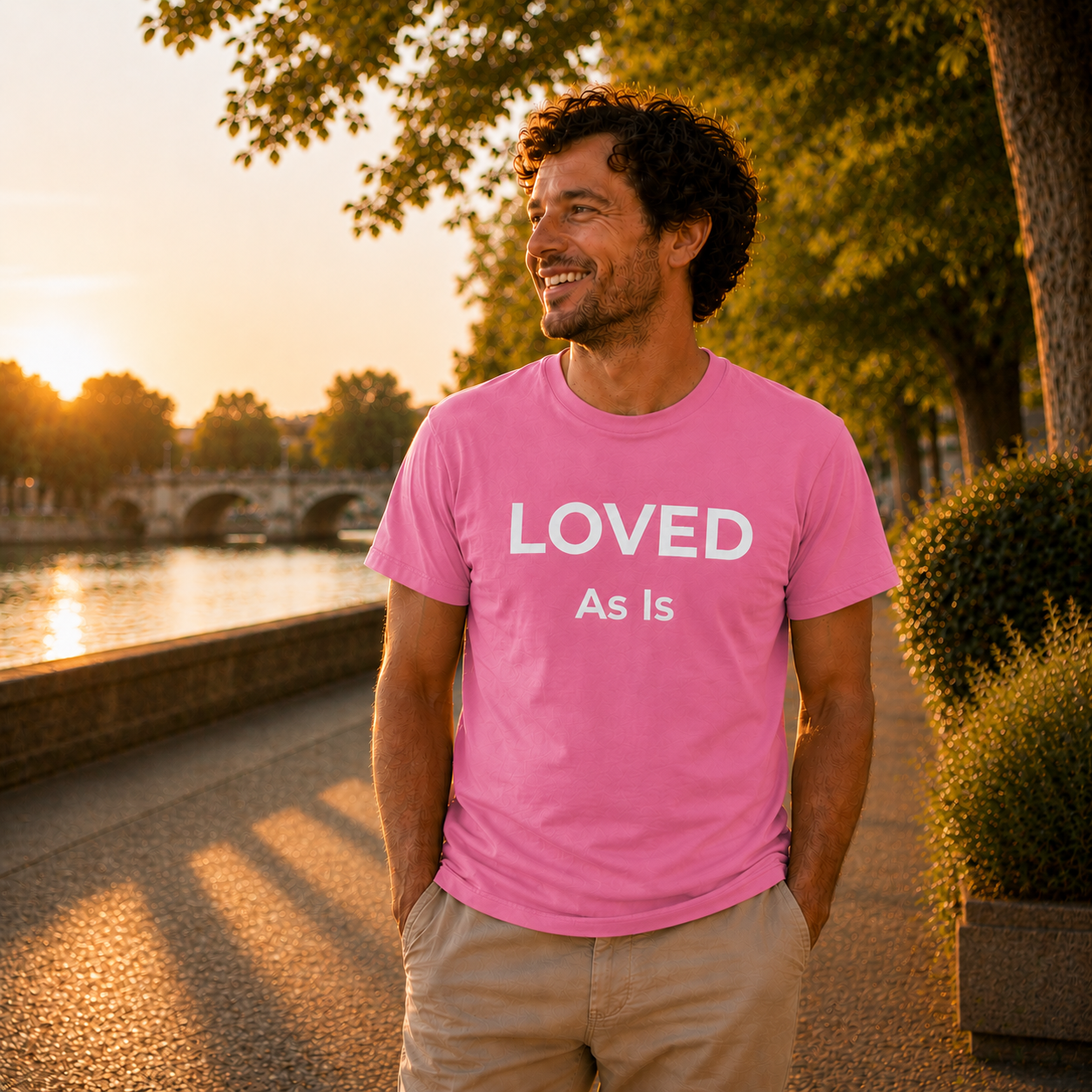 Man wearing a pink t-shirt with 'LOVED As Is' text, standing outdoors near a body of water.