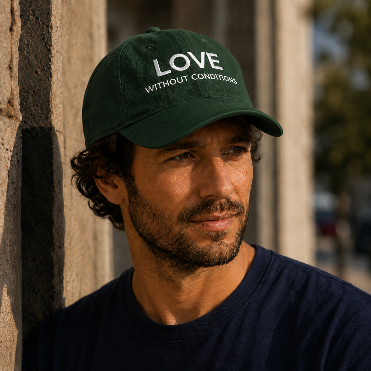 Man wearing a dark green cap with 'LOVE WITHOUT CONDITIONS' text, standing against a stone wall.