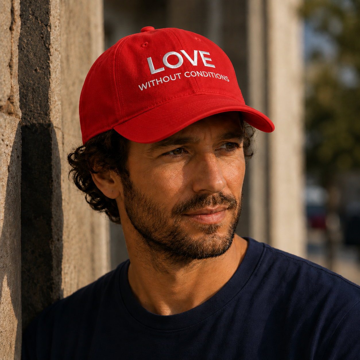 Man wearing a red cap with 'LOVE WITHOUT CONDITIONS' text, standing against a stone wall.