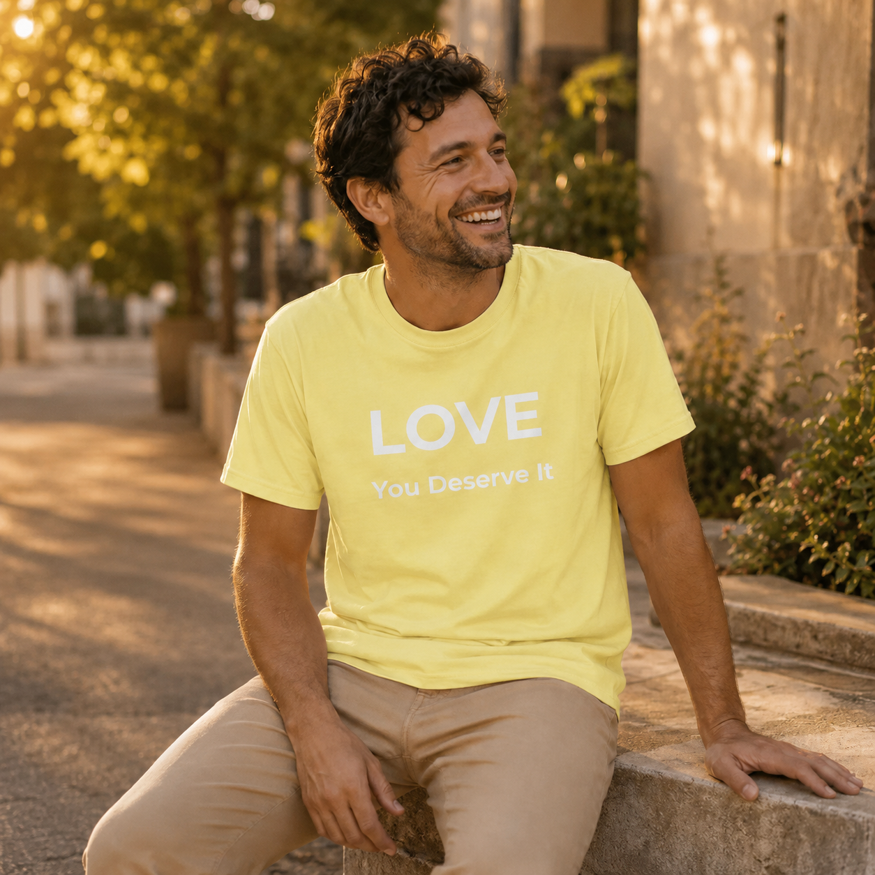 Man wearing a cornsilk yellow t-shirt with 'LOVE You Deserve It' text, sitting outdoors.