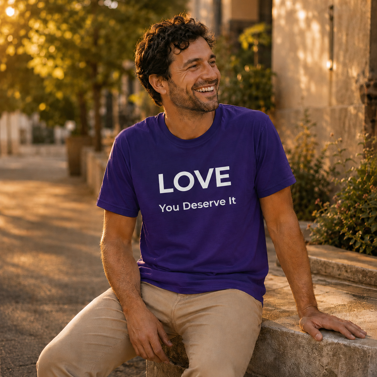 Man wearing a purple t-shirt with 'LOVE You Deserve It' text, sitting outdoors.